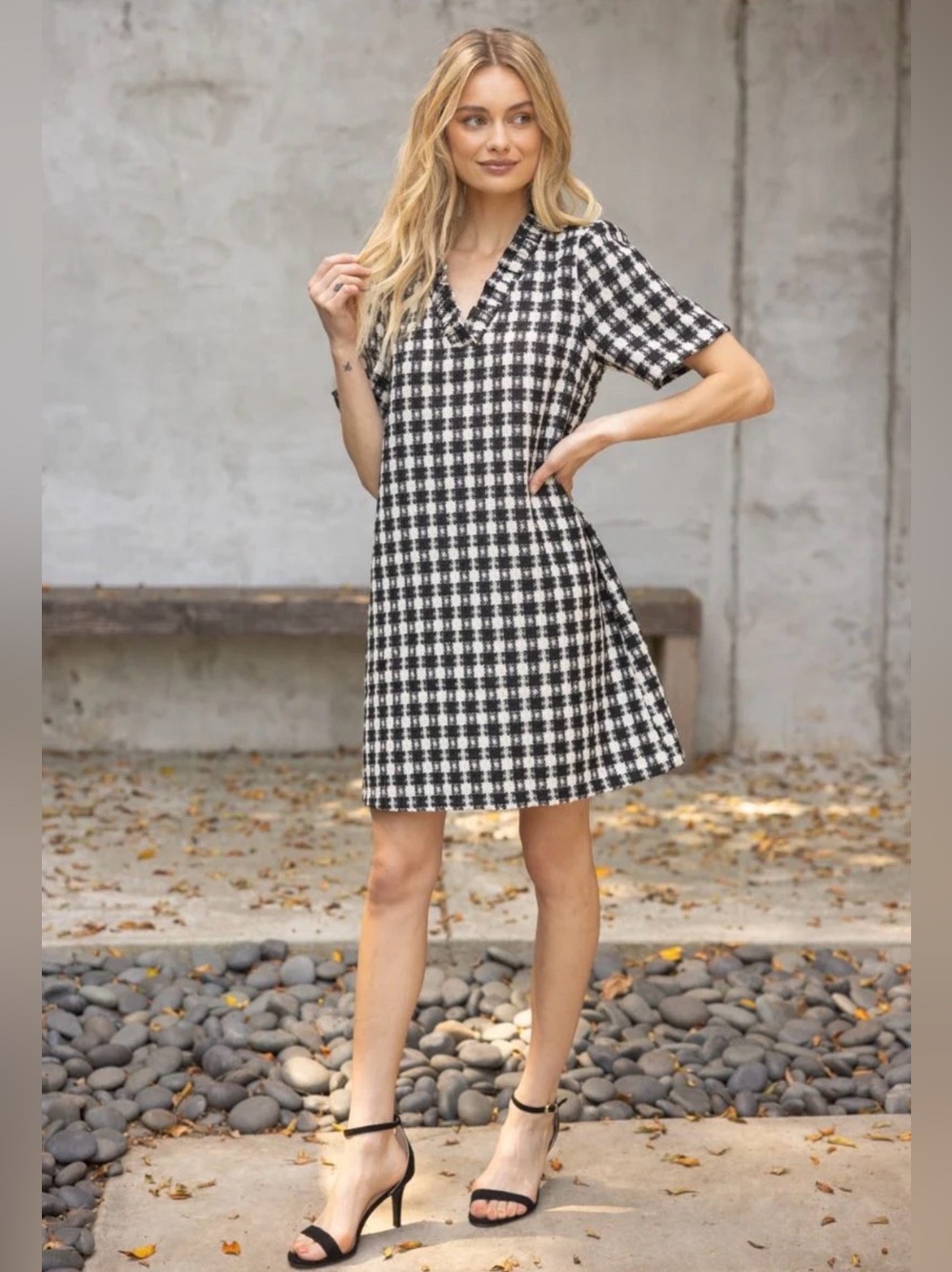 Voy PLAID TWEED RUFFLE NECK DRESS size M
